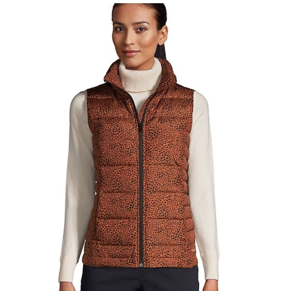 Lands End Womens Puffer Vest Orange Black‎ Leopard Print Down Fill Small NWT